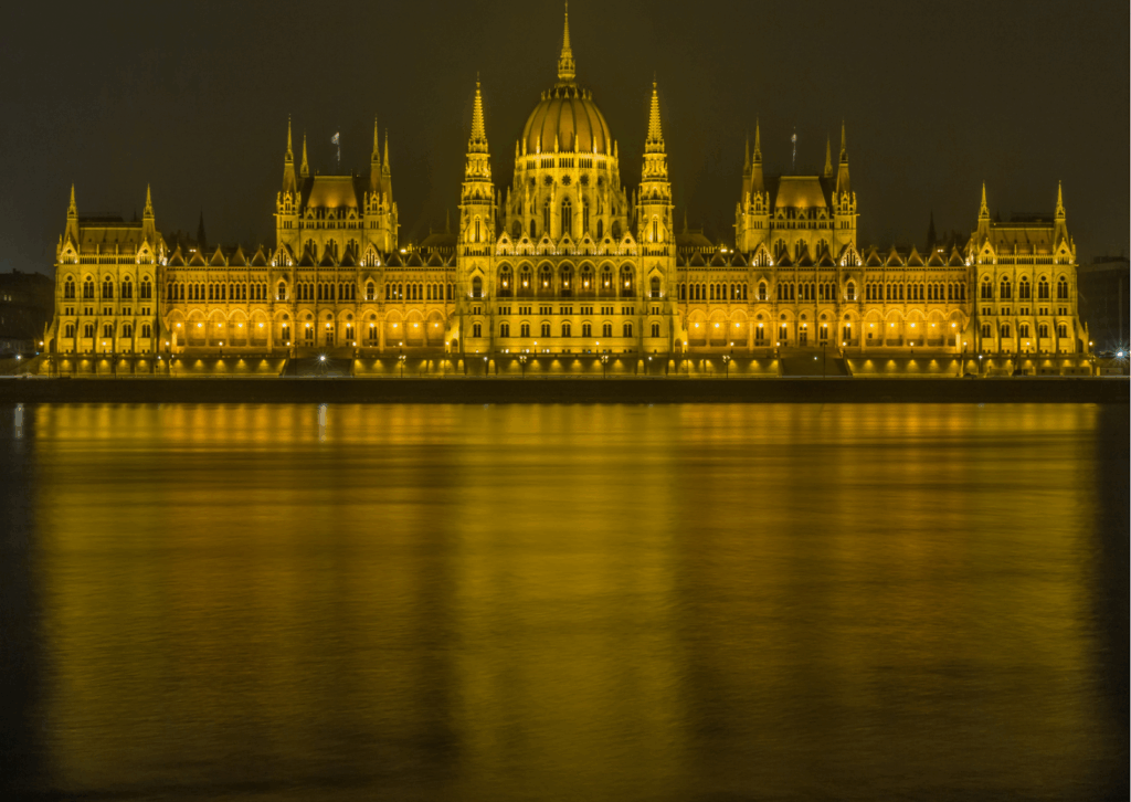 Image shows the Parliament Building in Budapest, capital of Hungary.