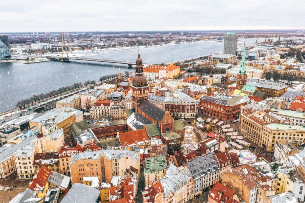Latvia, European country with digital nomad visa, aerial view in winter.